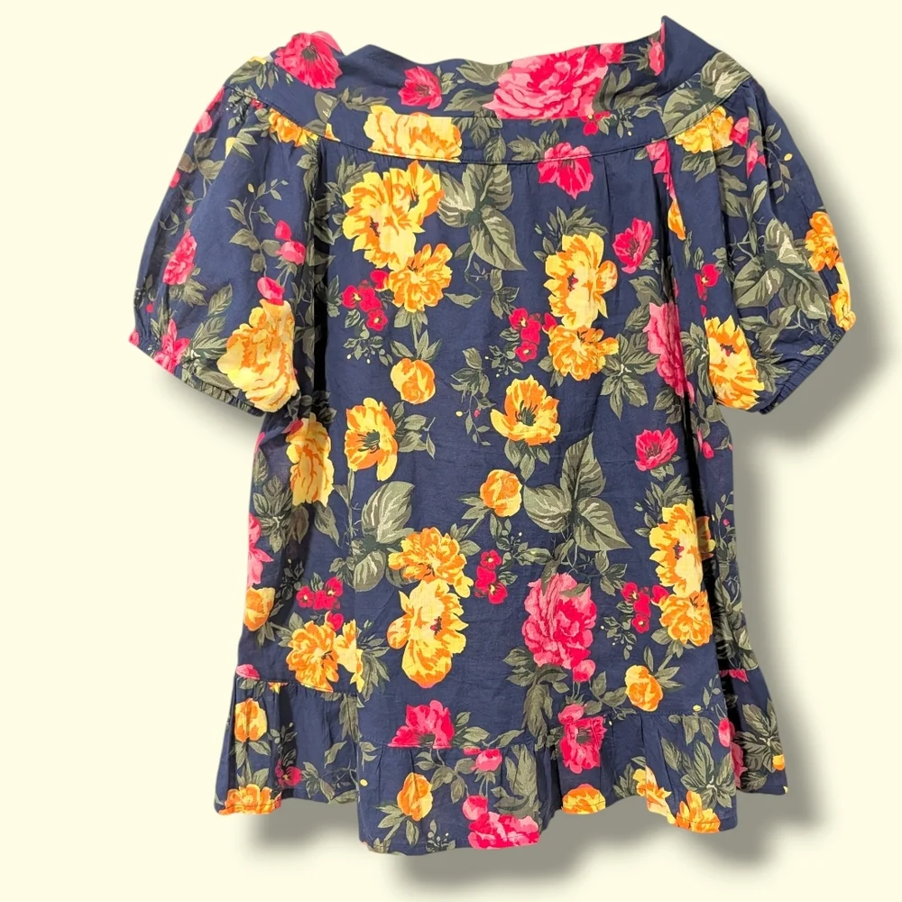 Navy Colorful Floral Cotton Boat Neck Puff Sleeve Relaxed Blouse M Resortwear - Picture 2 of 11